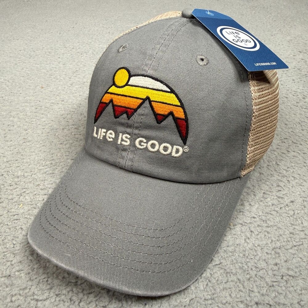 Life Is Good Hat Cap Retro Mountains Soft Mesh Snapback Gray Outdoors Hiking NWT
